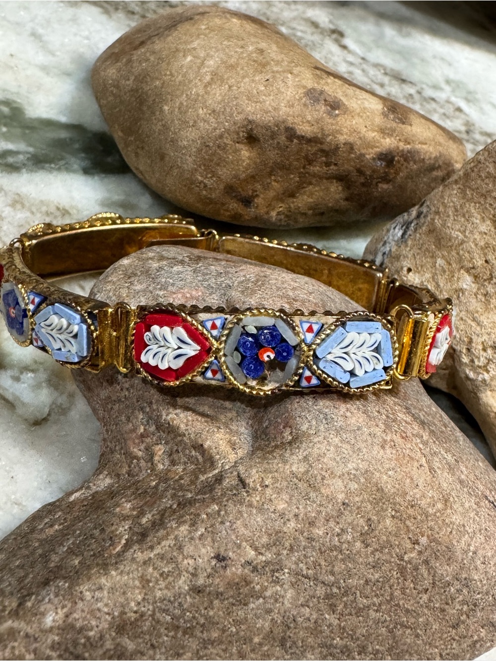 Vintage Italy Micro Mosaic Floral Bracelet Gold tone